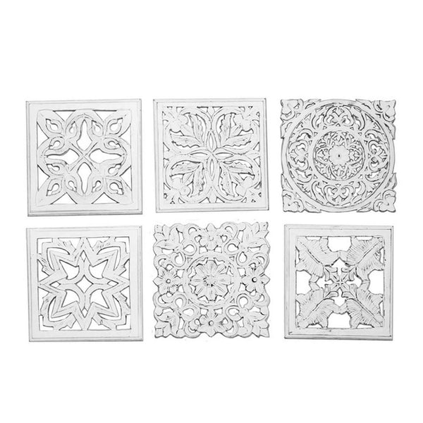 12 x 12 Wall Art Panel Set of 6, Intricate Carved Sculpture, White Finish - BM312755