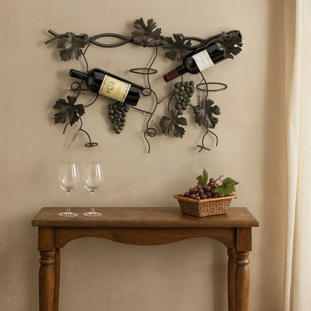wine bottle plant hanger Benzara 22 Inch Wall Hanging Wine Rack, Grape Bottle Stand, Black Metal