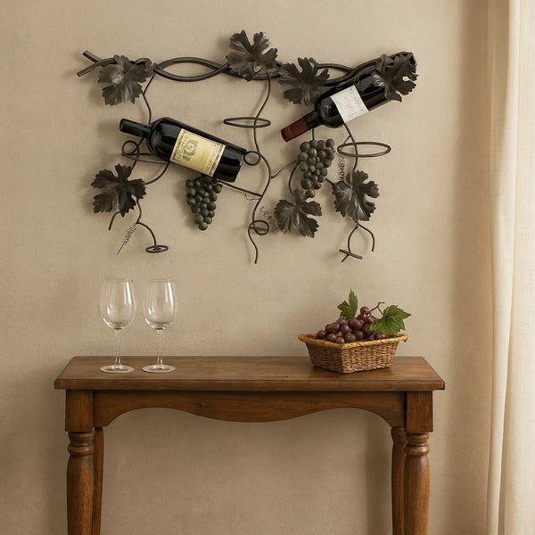 22 Inch Wall Hanging Wine Rack, Grape Bottle Stand, Black Metal - BM312756