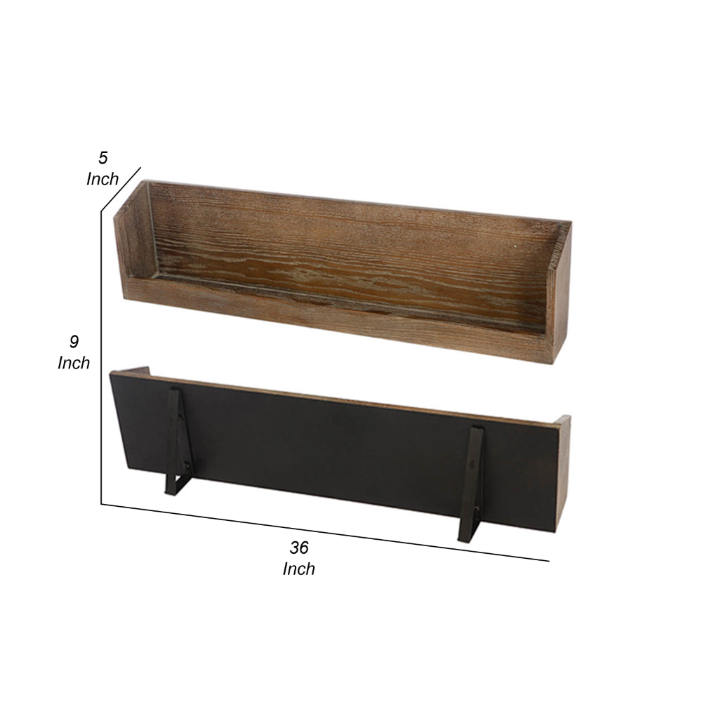 36 Inch Wine Rack Display Shelf Set of 2, Rectangular, Brown Wood, Black - BM312758