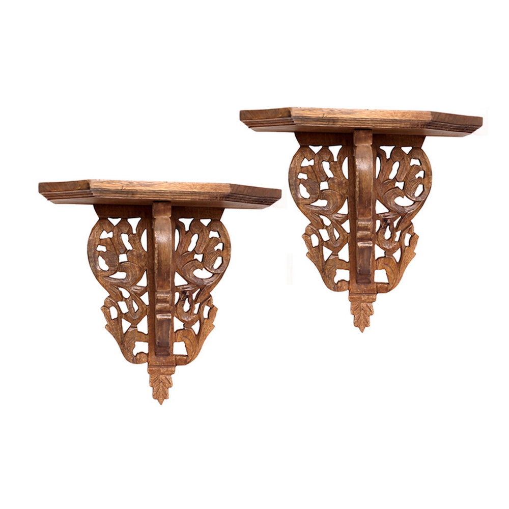 14 Inch Wall Shelf Set of 2, Carved Design, Natural Brown Mango Wood Finish - BM312761