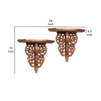 14 Inch Wall Shelf Set of 2, Carved Design, Natural Brown Mango Wood Finish - BM312761