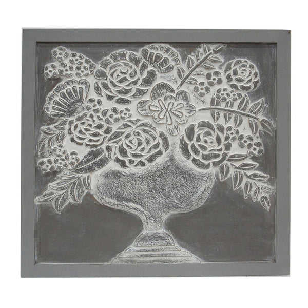 36x36 Inch Wall Art Panel, Carved Flower Vase Design, Gray White Wood - BM312765