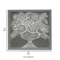 36x36 Inch Wall Art Panel, Carved Flower Vase Design, Gray White Wood - BM312765