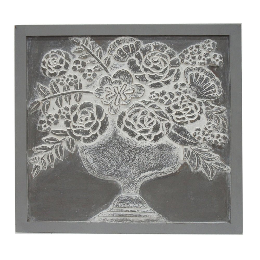 36x36 Inch Wall Art Panel, Carved Flower Vase Design, Gray White Wood - BM312765
