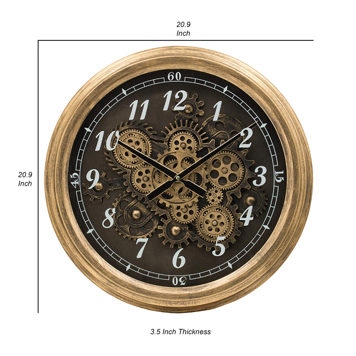 21 Inch Round Wall Clock, Gear Design, Numbered Analog, Gold Bronze Iron - BM312767