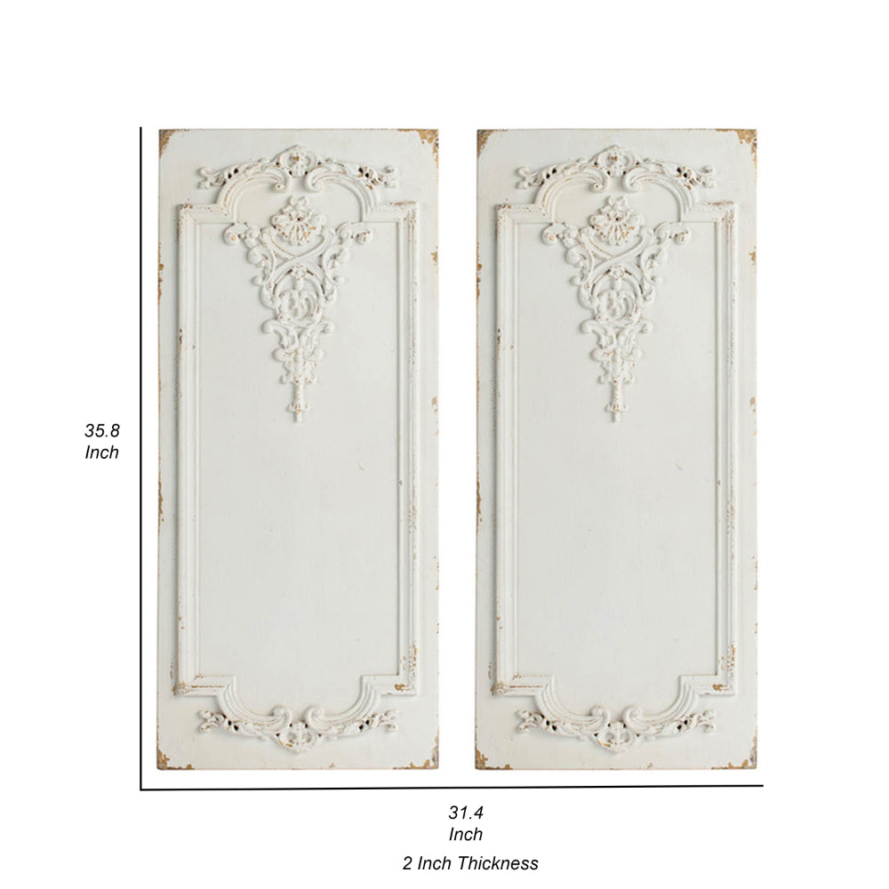 16 x 36 Large Wall Art Decor Panel Set of 2, Carved Gold Border White Resin - BM312768