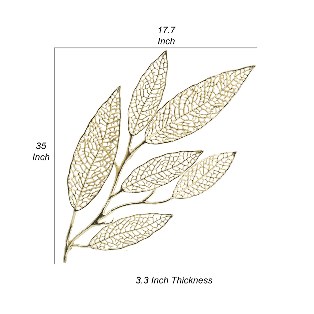 35 Inch Wall Art Decor, Large Carved Leaf Design, Aluminum Gold Finish - BM312776