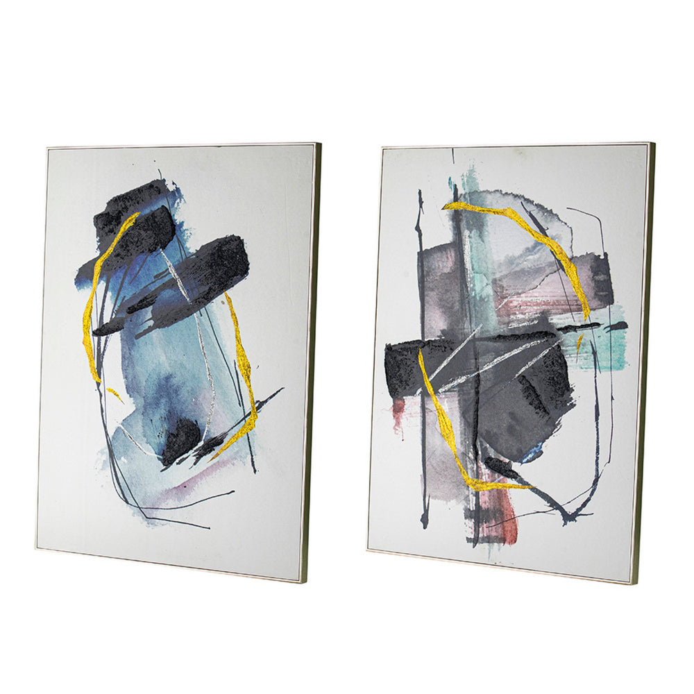 24 x 32 Abstract Wall Art Set of 2, Black and Blue Painting, Silver Wood - BM312777