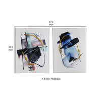 24 x 32 Abstract Wall Art Set of 2, Black and Blue Painting, Silver Wood - BM312777