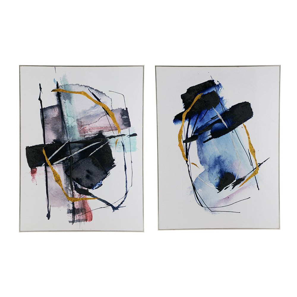 24 x 32 Abstract Wall Art Set of 2, Black and Blue Painting, Silver Wood - BM312777