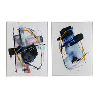 24 x 32 Abstract Wall Art Set of 2, Black and Blue Painting, Silver Wood - BM312777