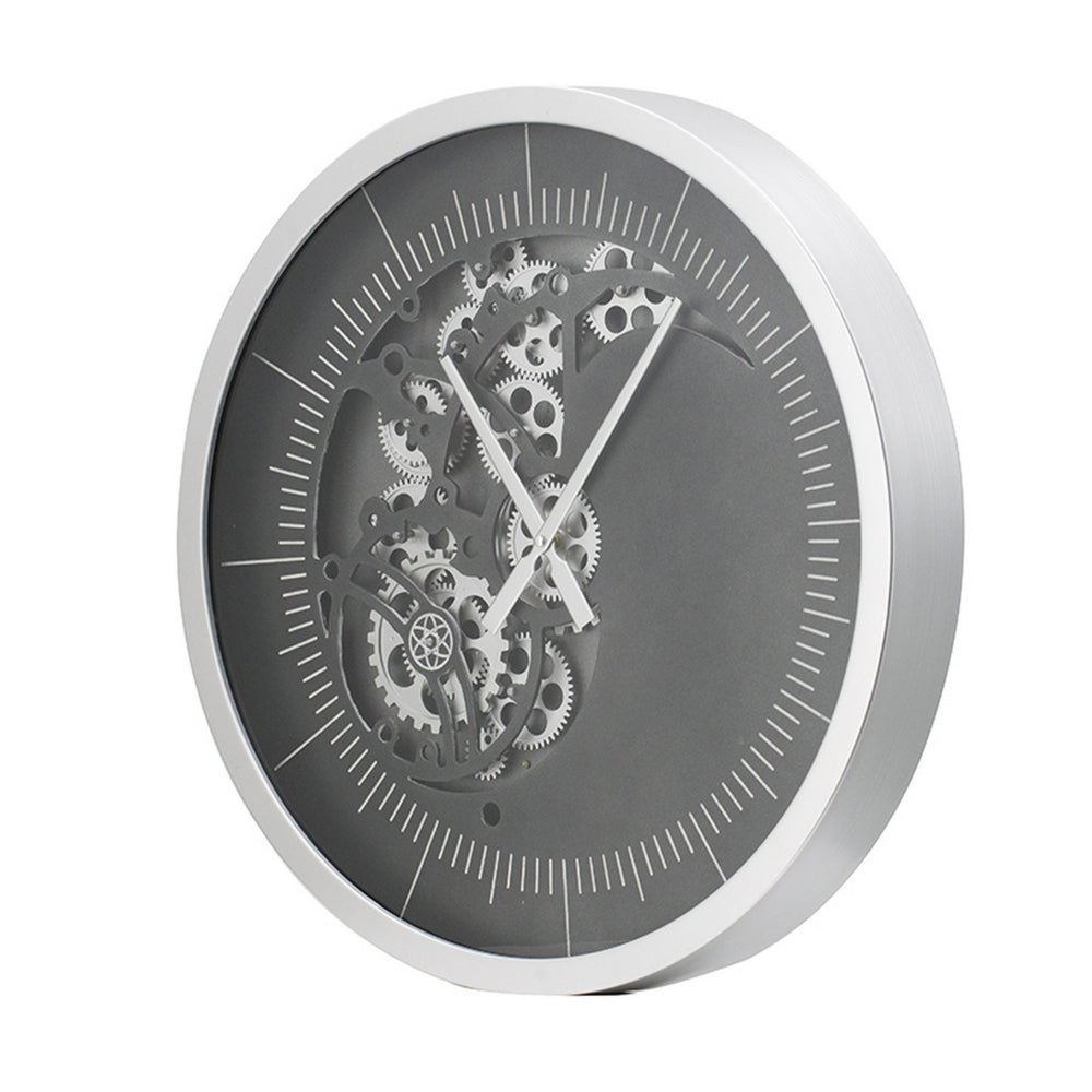 Reny 23 Inch Wall Clock, Decorative Gear Design, Round, Silver, Black Iron - BM312778