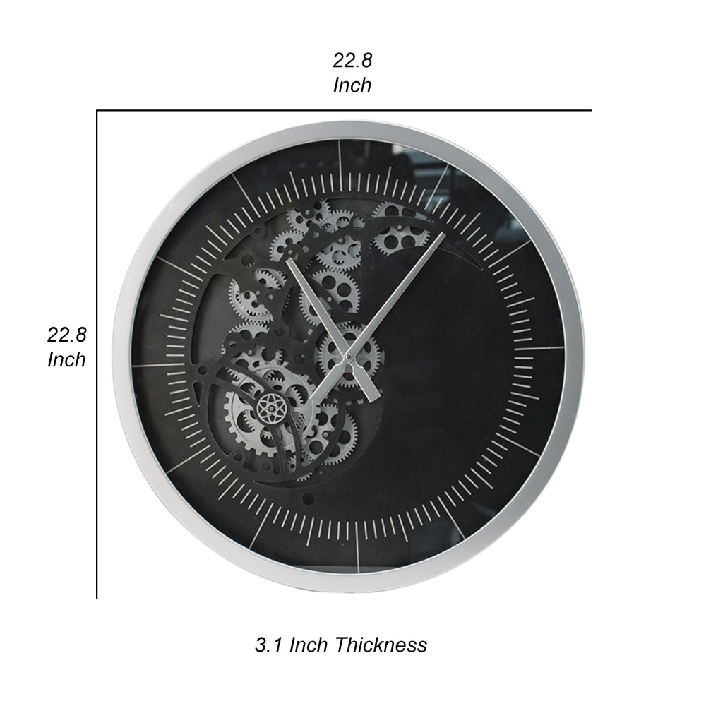 Reny 23 Inch Wall Clock, Decorative Gear Design, Round, Silver, Black Iron - BM312778