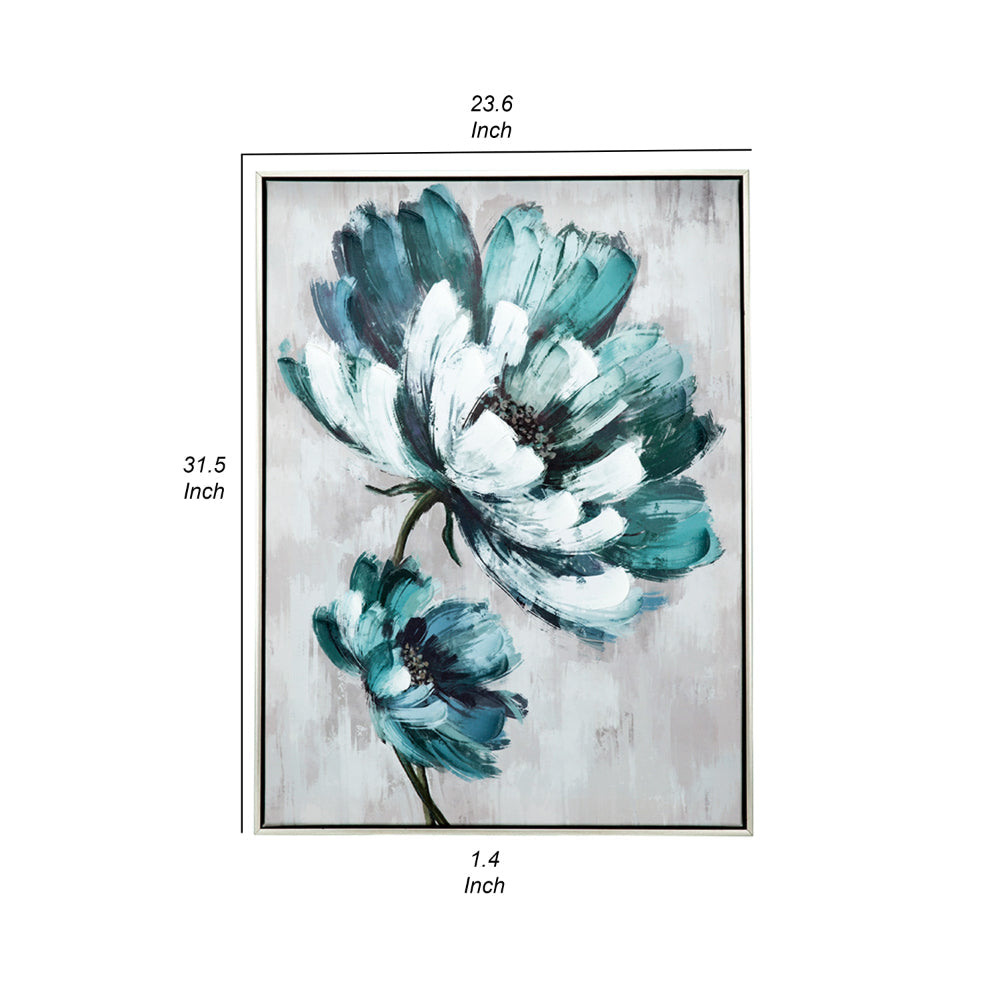 Ayn 24 x 32 Floral Wall Art, Handpainted, Blue, Green, Gray, Wood Frame - BM312779