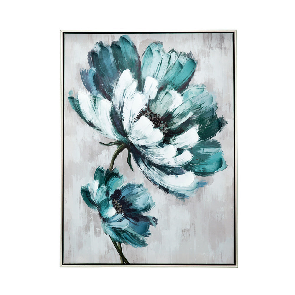 Ayn 24 x 32 Floral Wall Art, Handpainted, Blue, Green, Gray, Wood Frame - BM312779