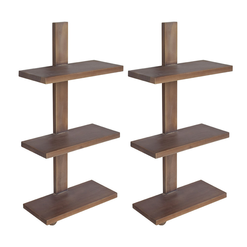 Firy 37 Inch Set of 2 Hanging Shelves, 3 Tiers, Natural Waru Wood Finish - BM312784