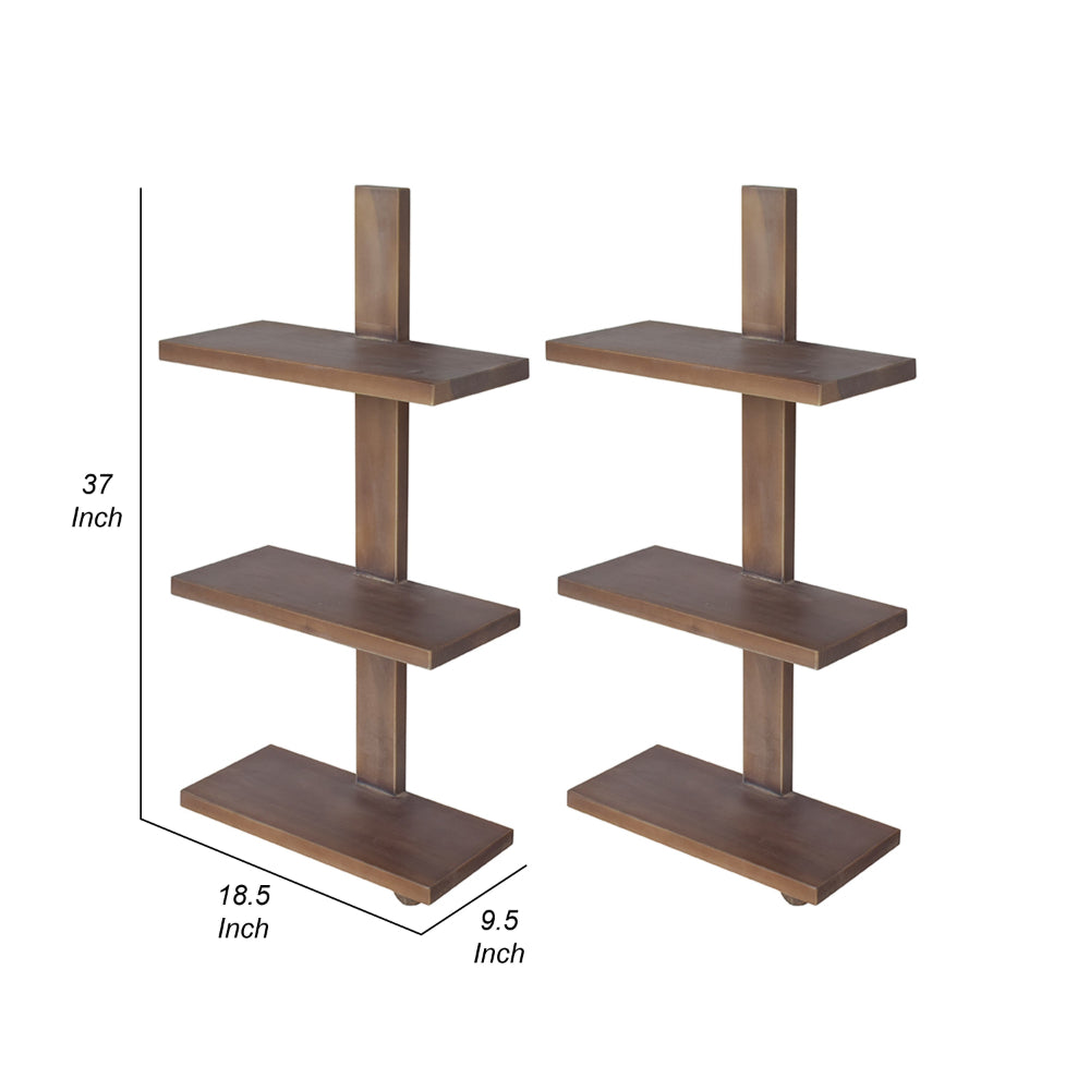 Firy 37 Inch Set of 2 Hanging Shelves, 3 Tiers, Natural Waru Wood Finish - BM312784