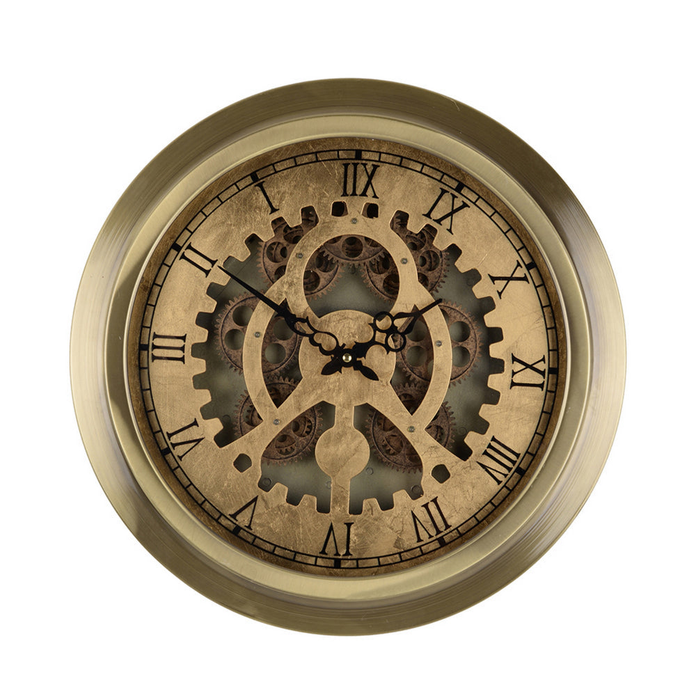 Reny 18 Inch Round Wall Clock, Gear Design, Roman Analog, Gold Bronze - BM312785