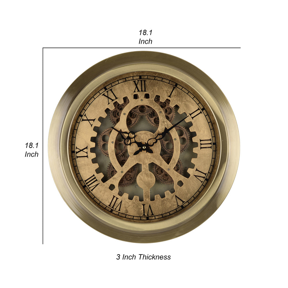 Reny 18 Inch Round Wall Clock, Gear Design, Roman Analog, Gold Bronze - BM312785