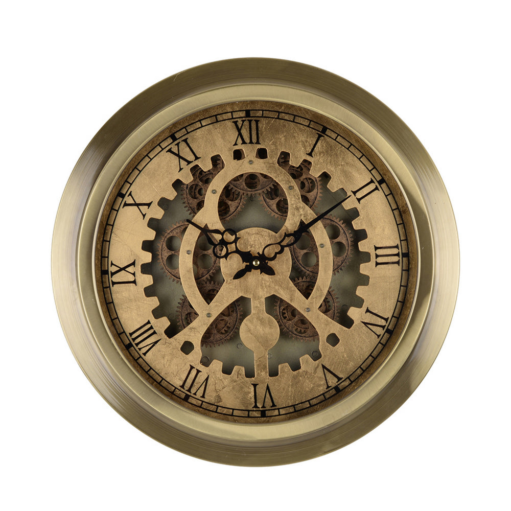 Reny 18 Inch Round Wall Clock, Gear Design, Roman Analog, Gold Bronze - BM312785