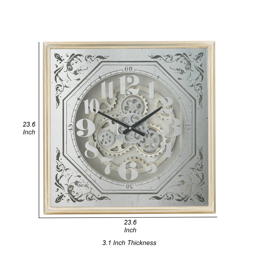 Viry 24 Inch Square Wall Clock, Analog Gear Design, Black White Iron Finish - BM312786