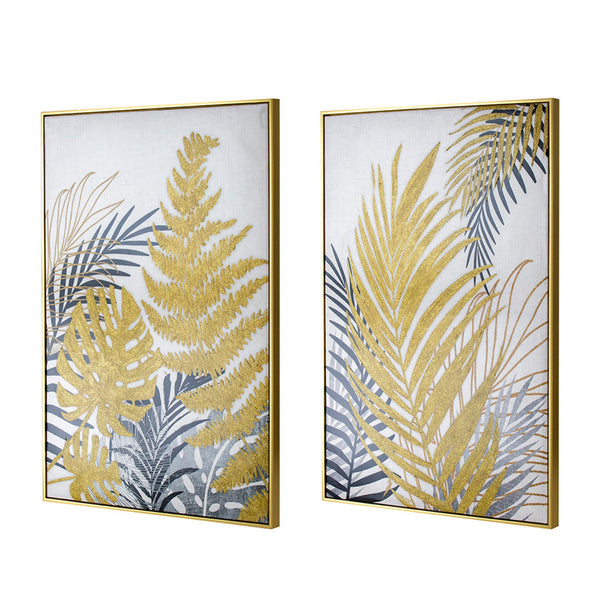 Nir 23 x 35 Set of 2 Palm Leaf Wall Art, Frame Decor, Black Gold, Gray Wood - BM312787