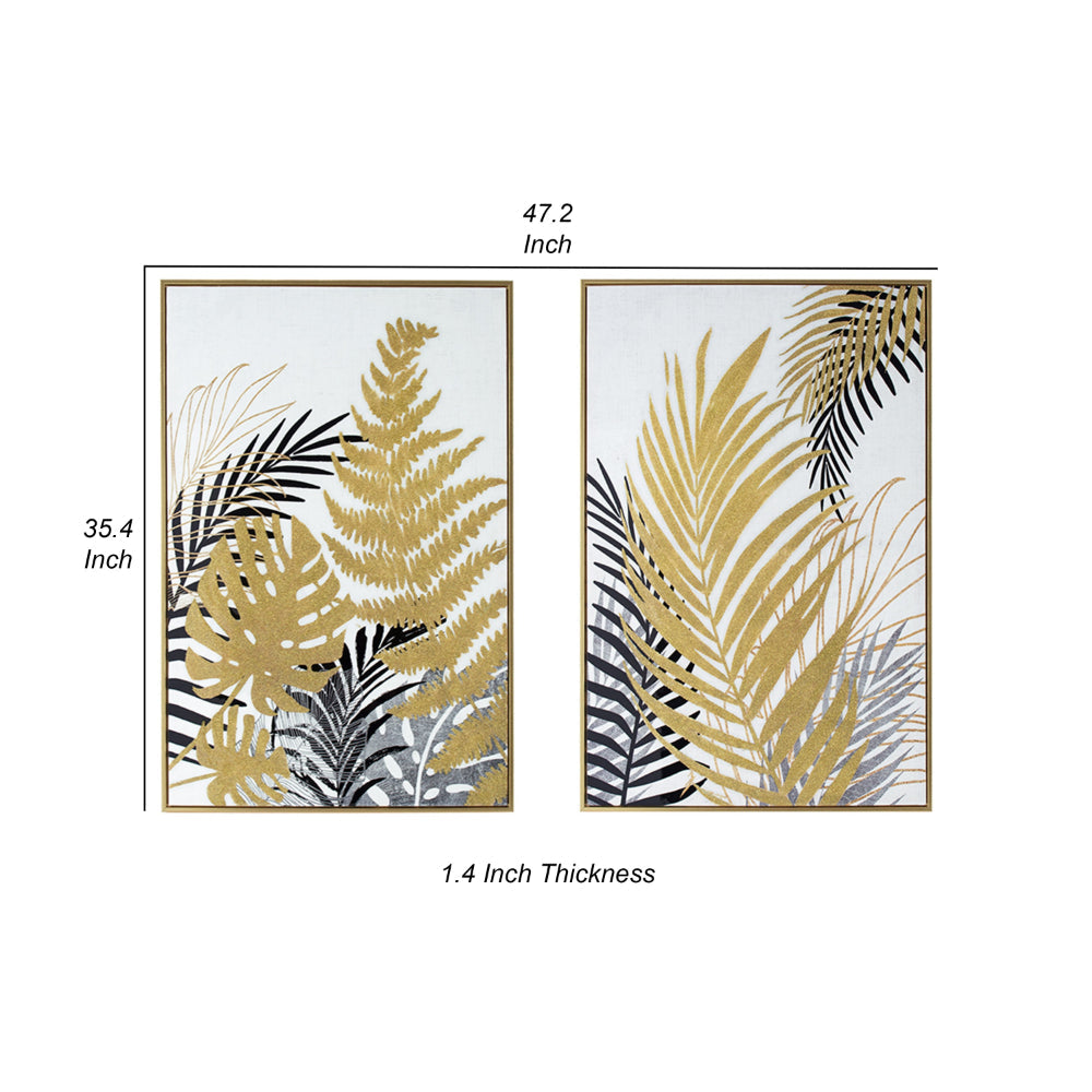 Nir 23 x 35 Set of 2 Palm Leaf Wall Art, Frame Decor, Black Gold, Gray Wood - BM312787