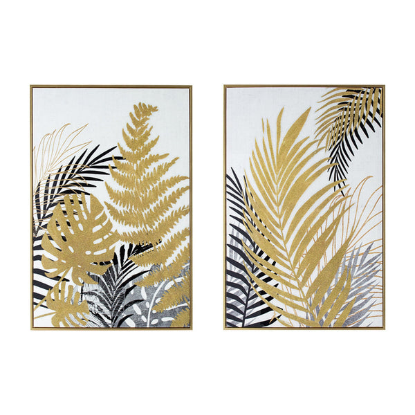 Nir 23 x 35 Set of 2 Palm Leaf Wall Art, Frame Decor, Black Gold, Gray Wood - BM312787