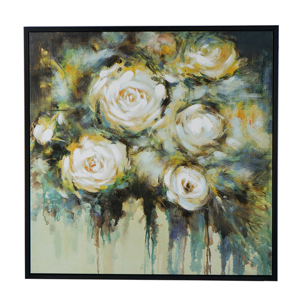 39 x 39 Framed Wall Art, Dreamy Floral Hand Painting, Black, Green, White - BM312797