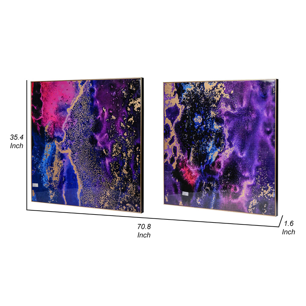 35 x 35 Set of 2 Framed Wall Art Prints, Gold Pink Purple Abstract Painting - BM312803