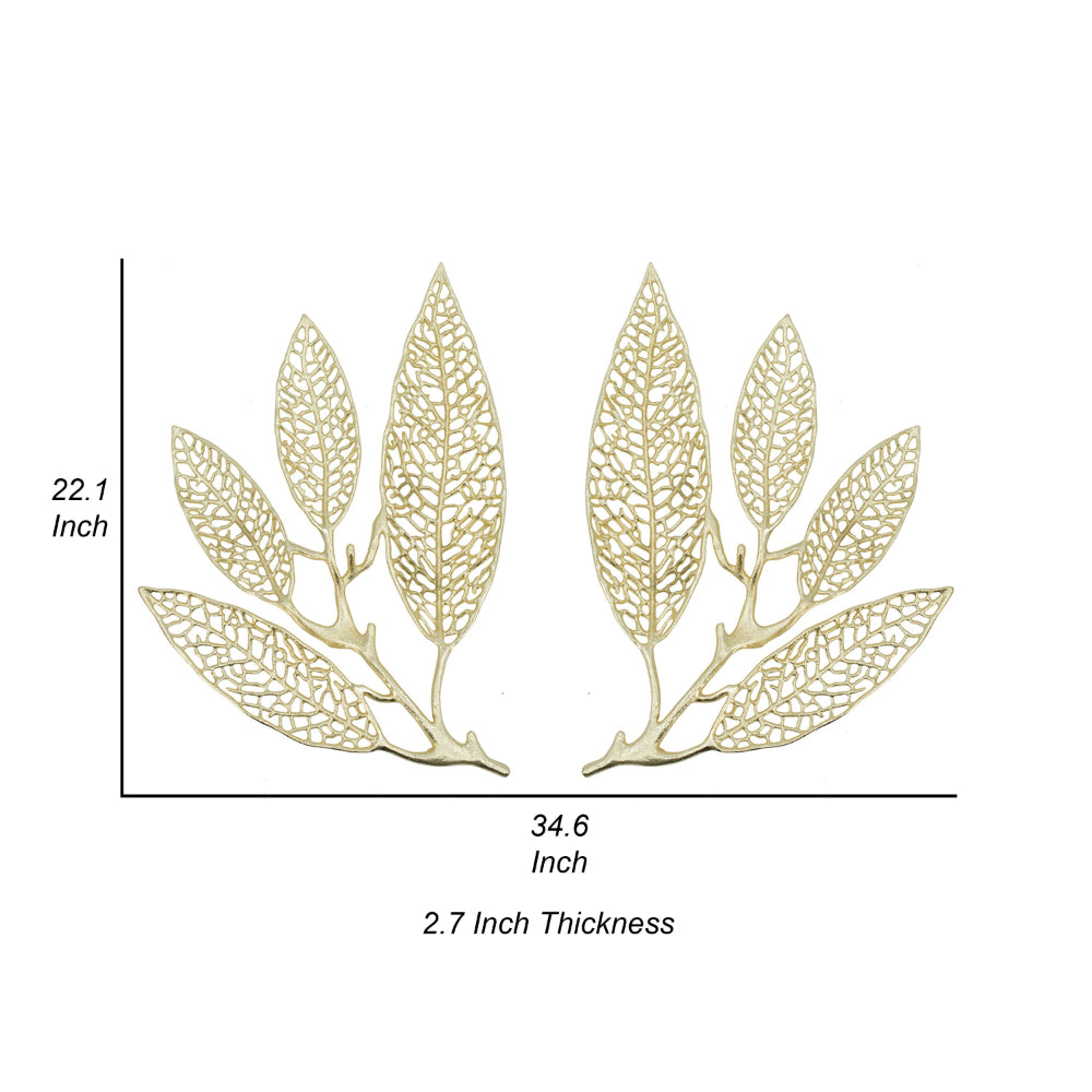 18 Inch Set of 2 Wall Art Decor Pieces, Leaf Design, Modern Gold Finish - BM312806