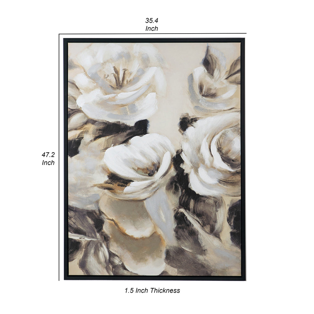 35 x 47 Framed Wall Art, Flower Print, Modern Style, Beige, Black, White - BM312807