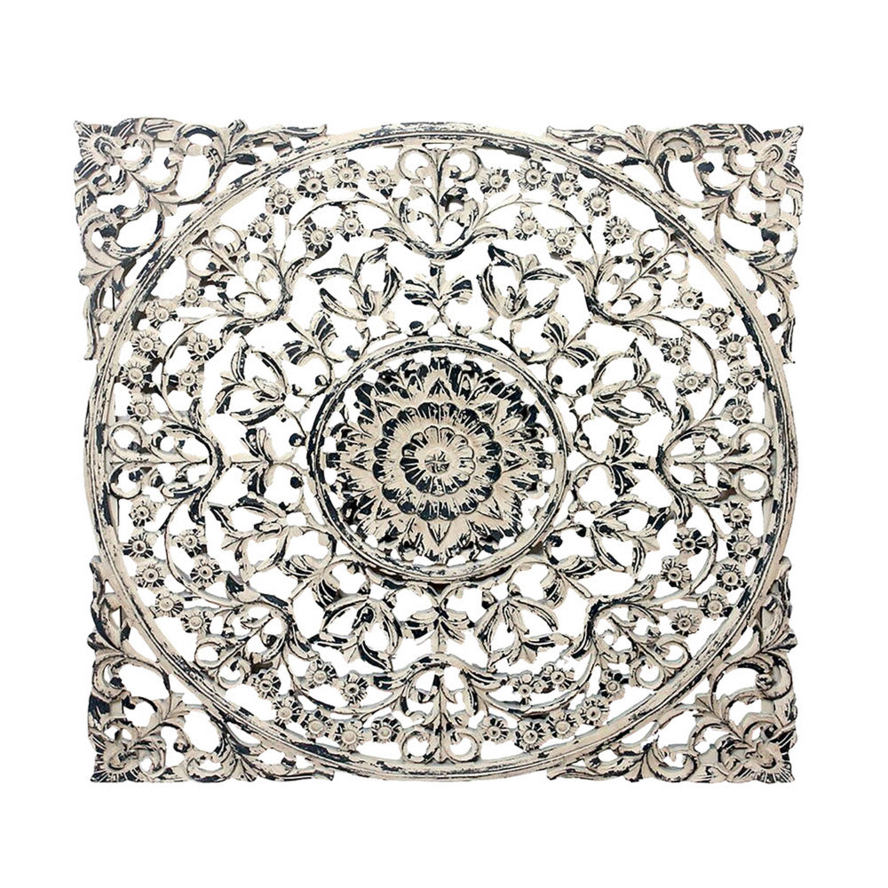 36 x 36 Decorative Wood Wall Panel, Intricate Carved Design, Silver Finish - BM312810