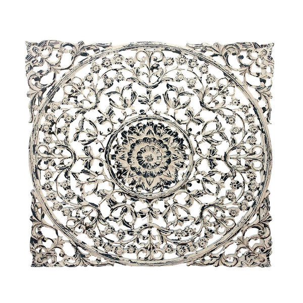 36 x 36 Decorative Wood Wall Panel, Intricate Carved Design, Silver Finish - BM312810