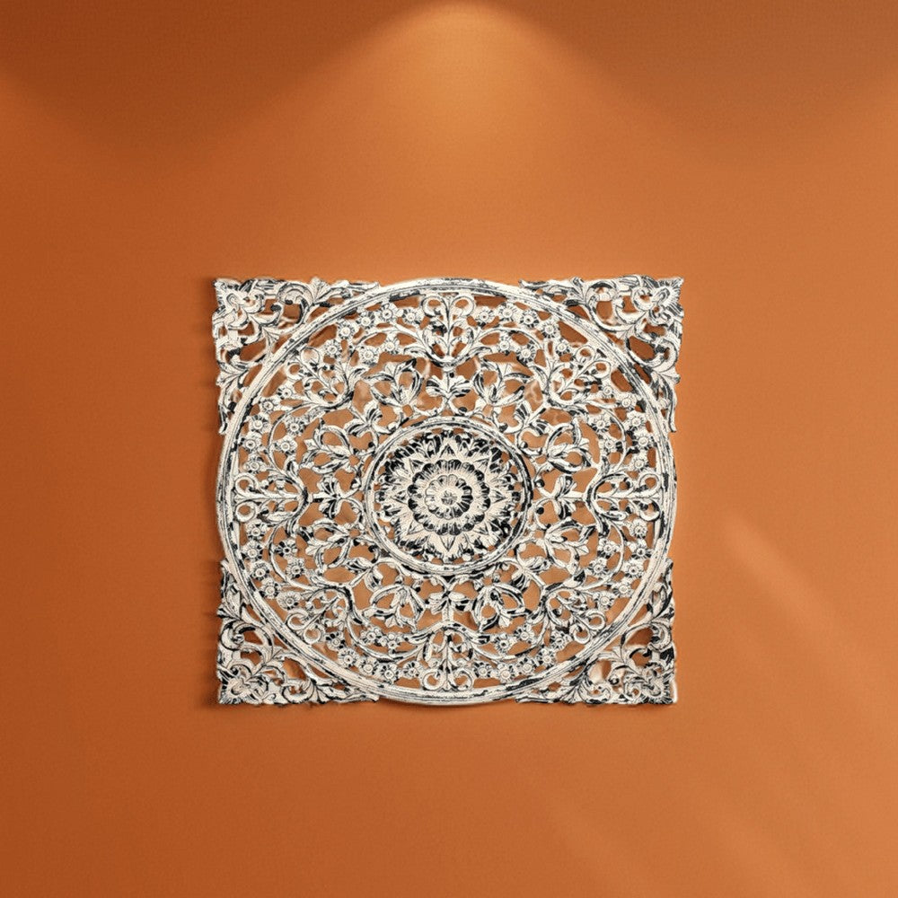 36 x 36 Decorative Wood Wall Panel, Intricate Carved Design, Silver Finish - BM312810