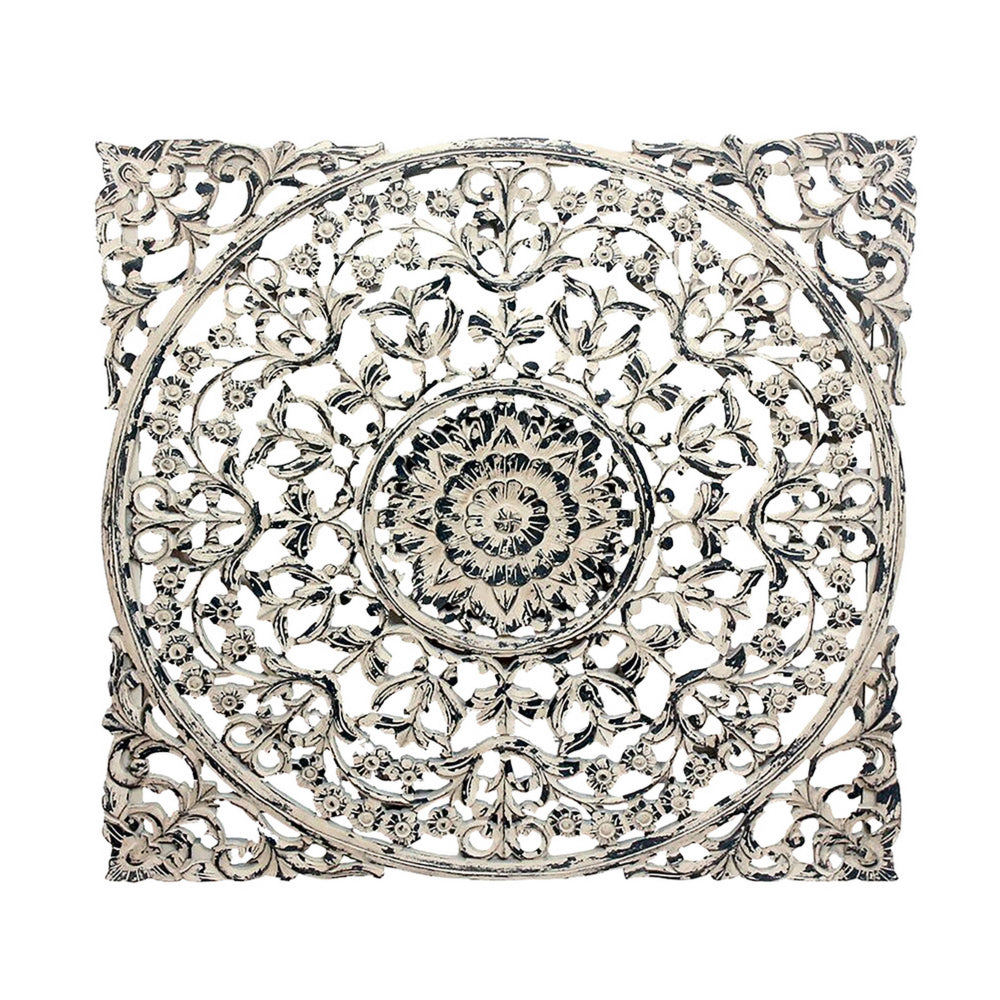 36 x 36 Decorative Wood Wall Panel, Intricate Carved Design, Silver Finish - BM312810