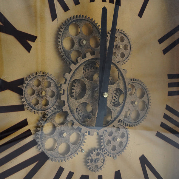 16 Inch Square Wall Clock, Gear Design, Roman Numeral, Gold, Black Finish - BM312811