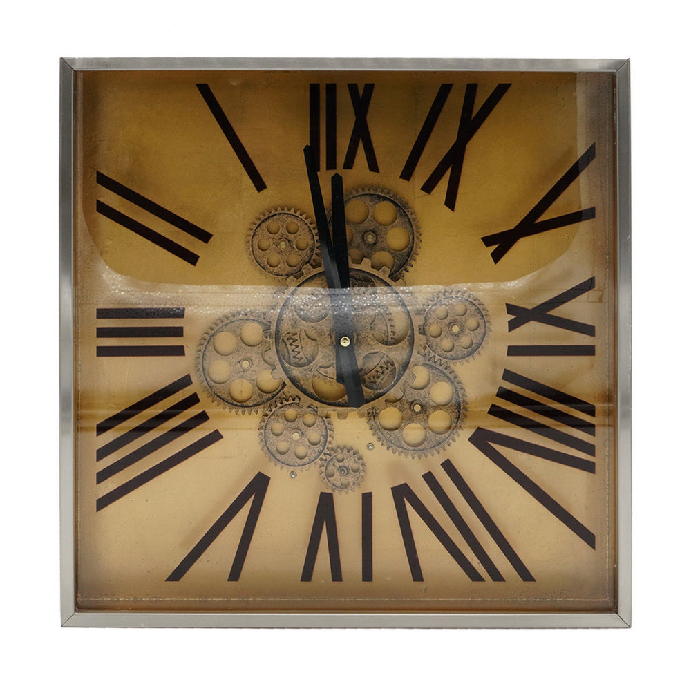 16 Inch Square Wall Clock, Gear Design, Roman Numeral, Gold, Black Finish - BM312811