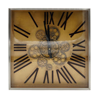 16 Inch Square Wall Clock, Gear Design, Roman Numeral, Gold, Black Finish - BM312811