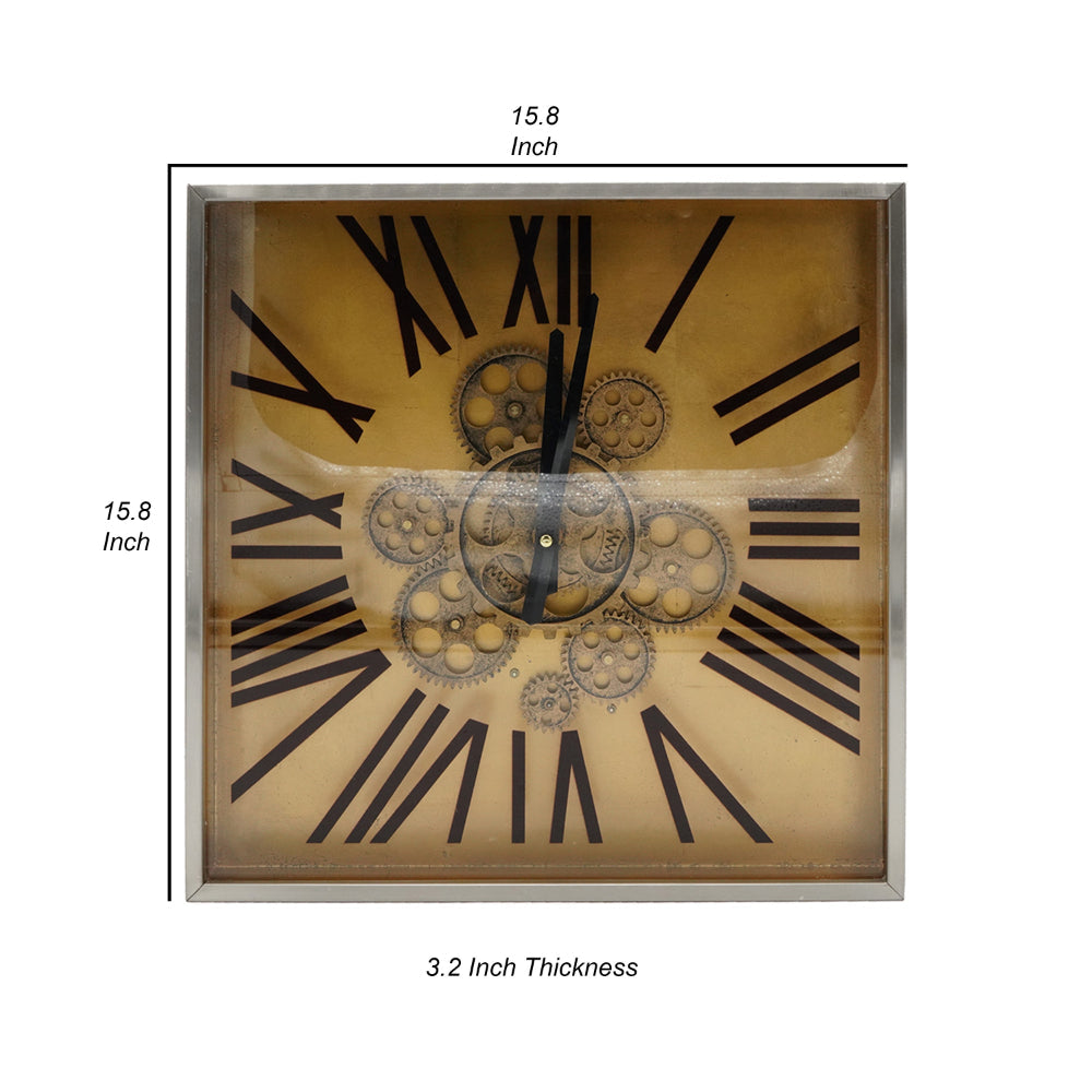 16 Inch Square Wall Clock, Gear Design, Roman Numeral, Gold, Black Finish - BM312811