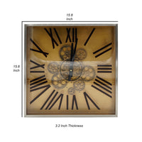 16 Inch Square Wall Clock, Gear Design, Roman Numeral, Gold, Black Finish - BM312811