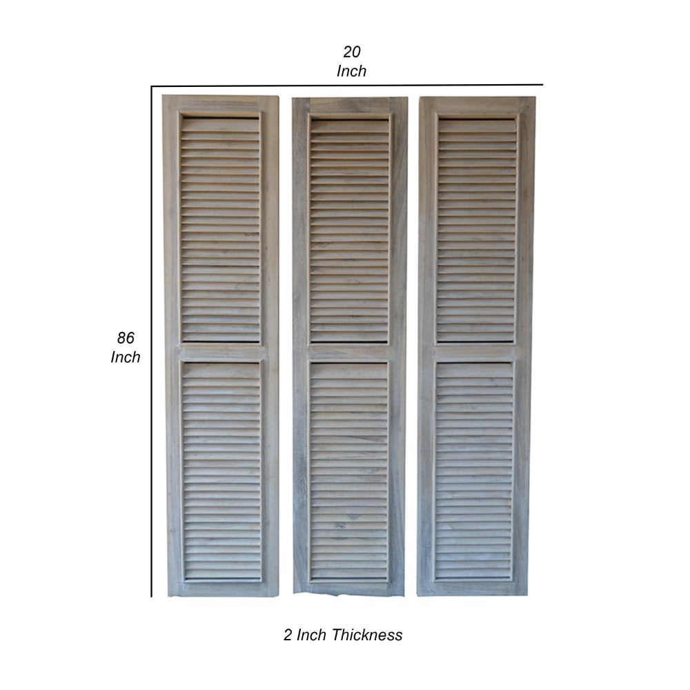 86 Inch Folding Screen Room Divider, 3 Panel Shutters, Natural Brown, Gray - BM312812