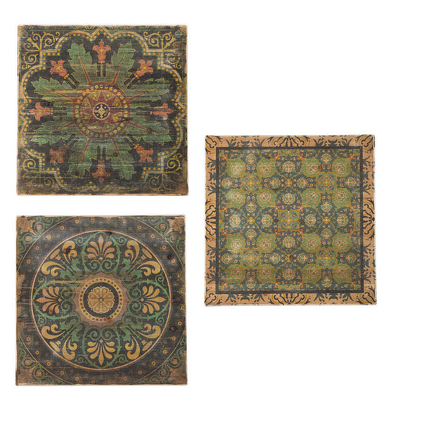 24 x 24 Decorative Wall Art Set of 3, Square Vintage Brown, Green Designs - BM312817