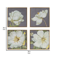 Nia 20 x 20 Flower Wall Art Set of 4, White, Green Microfiber, Pine Wood - BM312823