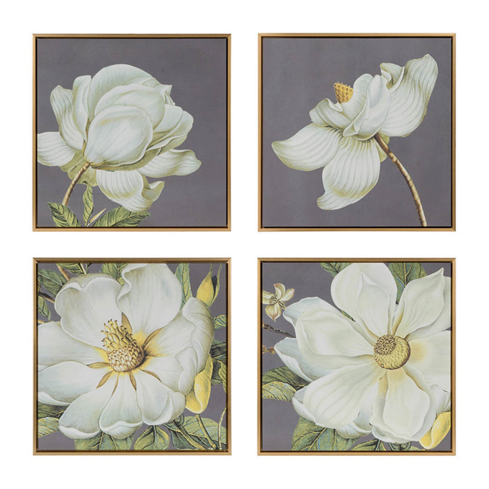 Nia 20 x 20 Flower Wall Art Set of 4, White, Green Microfiber, Pine Wood - BM312823