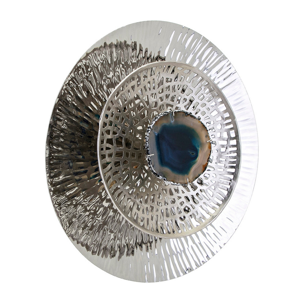 Set of 3 Decorative Wall Art Discs, Textured, Silver Steel, Blue Agate - BM312825