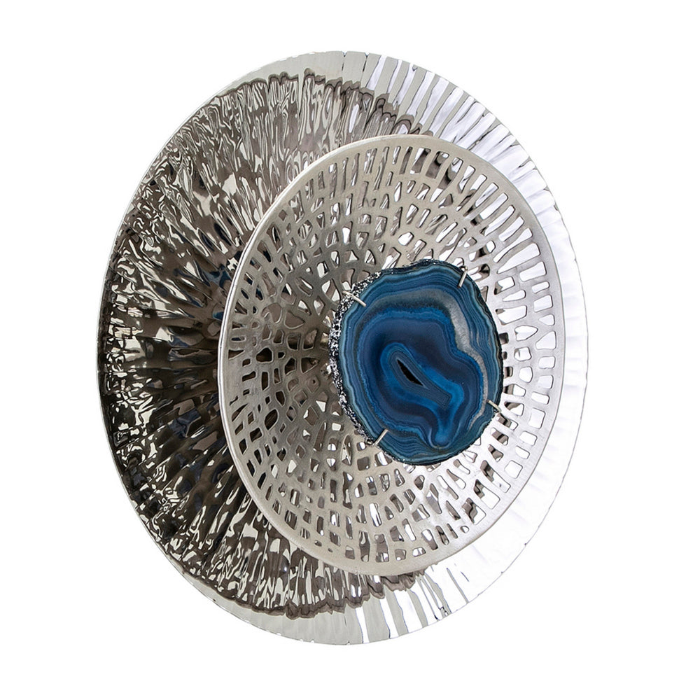 Set of 3 Decorative Wall Art Discs, Textured, Silver Steel, Blue Agate - BM312825