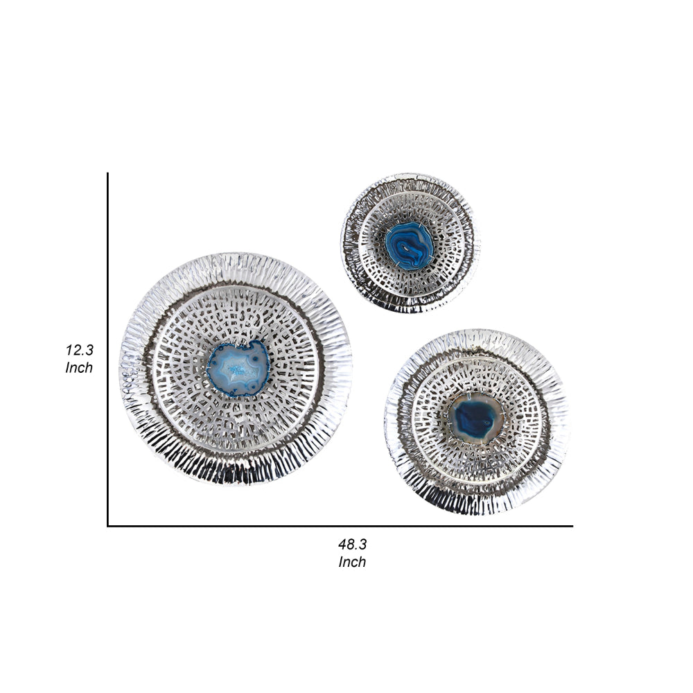 Set of 3 Decorative Wall Art Discs, Textured, Silver Steel, Blue Agate - BM312825