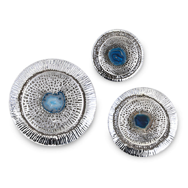 Set of 3 Decorative Wall Art Discs, Textured, Silver Steel, Blue Agate - BM312825